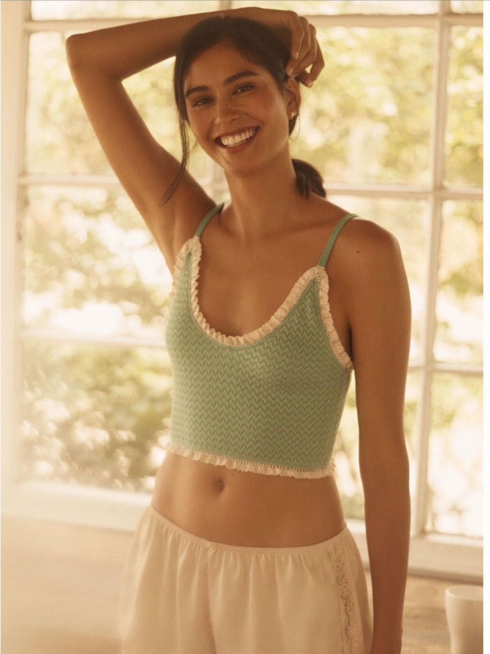 Anthropologie LyreBird Ruffle-Trim Zigzag Smocked Crop Cami in Green L/XL